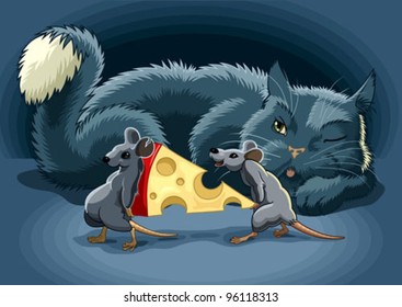 The Cunning cat keeps a check on mouse with cheese