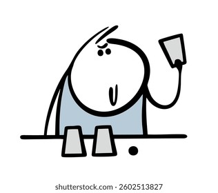 Cunning crook is sitting at a table and playing thimbles. Vector illustration of a cheater holding up a cup with a ball. Cartoon isolated stickman on white background.