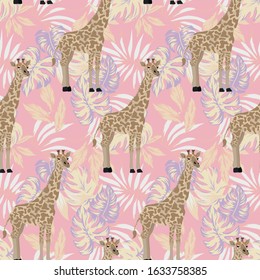 Cunning cute realistic vector giraffe seamless pattern on pink background with abstract color tropical monstera leaves. Repeating creative design animal illustration tropic botanical foliage.