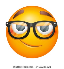 Cunning emoji in eyeglasses.  Smiling emoticon on white background. Cute emoticon