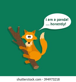 Cunning fox sits on a branch and pretends a panda. Children cosmic cartoon vector illustration in flat style.