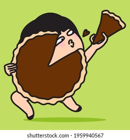 Cunning Girl Blowing A Kiss To A Piece Of Huge Chocolate Pie In Hands Concept Card Character illustration