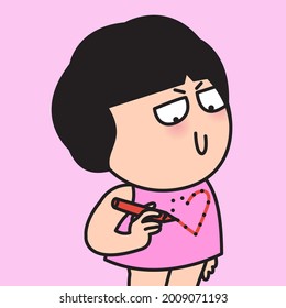 Cunning Girl is connecting Dots to Draw Heart Shape On Her Chest Concept Card Character illustration