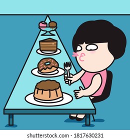 Cunning Girl Eating Sweet Treats At The Infinity Table Concept Card Character illustration