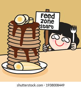 Cunning Girl With Feed Zone Start Sign Board In Hands Is Getting Ready To Eat Pancake Stack With Cut Banana On Feeding Time. Time Restricted Eating. Intermittent Fasting Concept Character illustration