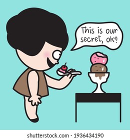 Cunning Girl Talking To An Eaten Ice Creams With Word This is Our Secret In Speech Bubble Concept Card Character illustration