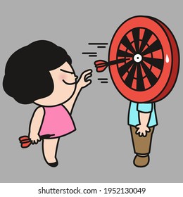 Cunning Girl Throwing Darts Towards Boy’s Archery Target Head. Fighting Couple Concept Card Character illustration