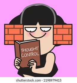 Cunning Girl is Wearing Rectangular Brick Headphones Having Happy Face Expression While Reading Thought Control Book Concept Card Character illustration