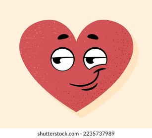 Cunning heart icon. Sticker for social networks and instant messengers. Character smiles thoughtfully, emotions, mood and facial expressions, emoji and emoticon. Cartoon flat vector illustration
