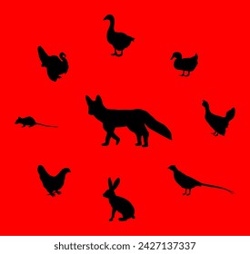 Astuto zorro hambriento acecha presa vector ilustración de silueta aislado. Depredador animal inteligente. Zorro cazando gallina ganso, pavo. Granja de aves de corral en peligro. Conejo, ratas, faisán, ganso de leña.