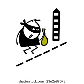 Cunning man in a black mask crosses the border with a dotted line. Vector illustration of a robber running away with a bag of money from a bank to another country. Funny cartoon character isolated.