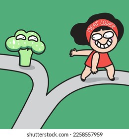 Cunning Non-Veggie Girl And Broccoli Taking On Different Paths. Veggie Hater Young Woman Go Her Own Way Concept Card Character illustration