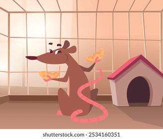 A cunning rat. mouse sitting in cage and eating cheese. vector funny cartoon character animal