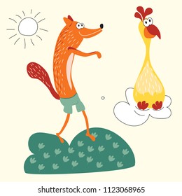 A cunning red Fox wants to catch a Turkey bird. Vector illustration of foxes and yellow Turkey suitable for children's books, clothes, cards. Fabric decoration. Style comics and cartoons