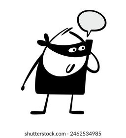 Cunning scammer talks to his victim on the phone, lures out money. Vector illustration of a thief in a black suit and mask uses new technologies. Isolated character on white background.