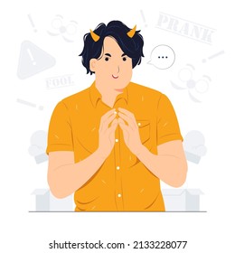 Cunning sneaky man with devil horn gesticulating with fingers planning devious tricks and cheats, scheming prank, having fun concept illustration