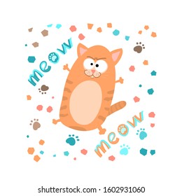 Cunning striped ginger cat spread its legs to the sides, handwritten lettering meow, in cartoon style, doodle for children's textiles, t-shirts or postcards.