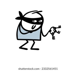 Cunning thief holds a bunch of lock picks in his hand and plans a crime. Vector illustration of the stickman robber opens the lock in the door. Funny comics person action isolated on white background