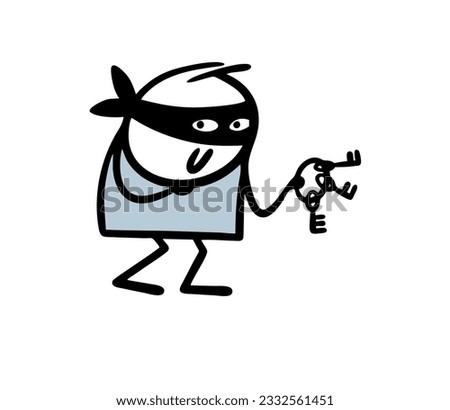 Cunning thief holds a bunch of lock picks in his hand and plans a crime. Vector illustration of the stickman robber opens the lock in the door. Funny comics person action isolated on white background