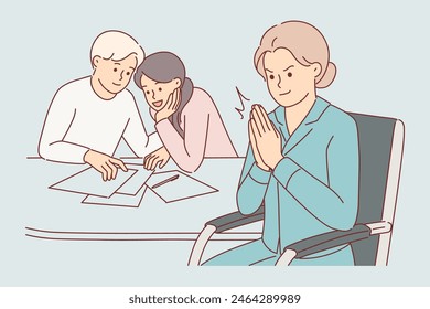 Cunning woman broker rubs palms and rejoices at completion bad deal, sitting at table near married couple. Cunning broker persuaded clients to sign enslaving contract with high interest rates on loan