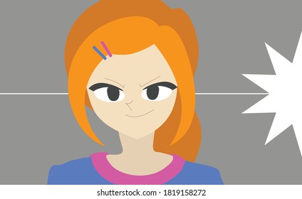 Cunning woman planning her next move. She has a devious smile and penetrating gaze. She has lots of mischief ideas. Her hair is red like a fox. She's wearing pink and blue clothes and two hairpins.