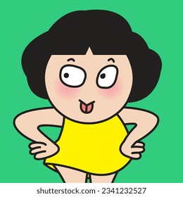 Cunning Young Woman Stood With Arms Akimbo, Funny Sticking Tongue Out At Someone Concept Card Character illustration