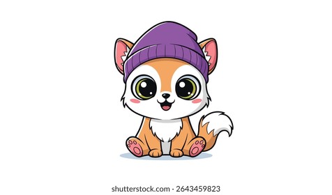 A Cunningly Cute Cartoon Fox Adorned With A Vibrant Purple Winter Hat