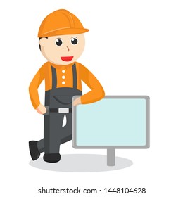 Cuntruction worker standing beside sign illustrator