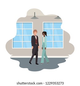 cuople of business with wall and windows