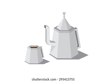 A cup about coffee and a coffee pot on a white background