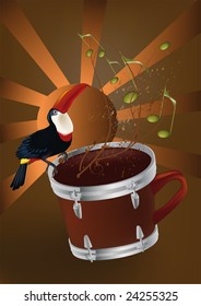 cup of the African coffee with a drum and a bird