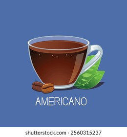 Cup of Americano with coffee beans isolated on blue background.