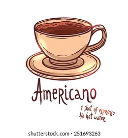 cup of Americano Coffee on white background with typography, hand drawn illustration