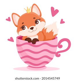 Cup with animal. Cute little fox sitting in coffee glass and smiling, hearts are flying around. Pink cup with wave print. Cartoon colorful flat vector illustration isolated on a white background