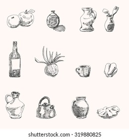 Cup, apple, onions, glass bottle, sweet salad paprika pepper, patty pan squash, fork, spoon, kettle, jar and jug set, in sketch hand drawing style