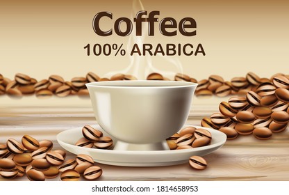 Cup of arabica coffee on a wooden desk surrounded by roasted coffee beans. 3D mockup product placement. Vector