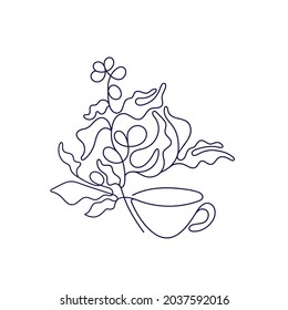 Cup of aroma coffee, herbal tea. Art single line symbol on white background. Vector simple illustration. Abstract graphic bush