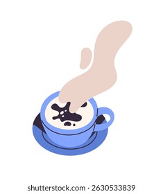 Cup of aromatic black coffee on saucer. Icon of blue ceramic mug with tea. Teacup of hot drink, beverage with steam. Morning espresso, americano. Flat isolated vector illustration on white background