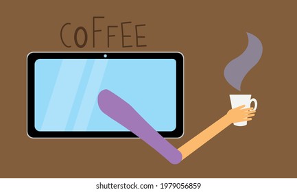 cup of aromatic coffee in hand sticking out of the tablet concept of online shopping and delivery
