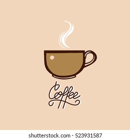 A cup of aromatic coffee. Coffee lettering. Emblem. Logo. Vector illustration.