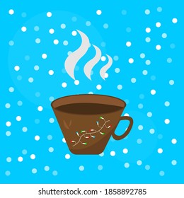 cup of aromatic coffee with patterns in the form of multi-colored garlands on a background of falling snow. The concept of winter holidays and the cold season