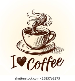 ---------------------------
Cup of aromatic coffee, silhouette. flat vector illustration on white background. I love coffee lettering