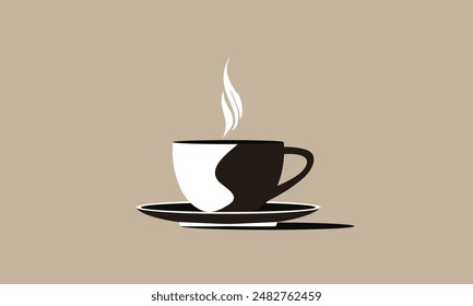 Cup of aromatic hot coffee on a black saucer with white steam or smoke isolated on beige background. Black and white espresso coffee mug. Creative concept fat vector illustration.