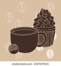 Una taza de café aromático de la mañana con un muffin y un caramelo de chocolate. Gráficos de Vector.