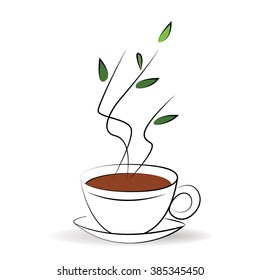 Cup of aromatic tea. Hand drawn sketch of tea cup. Waves of tea taste and aroma.

