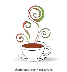 Cup of aromatic tea. Hand drawn sketch of tea cup. Waves of tea taste and aroma.
