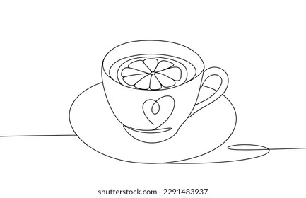 A cup of aromatic tea with lemon. A cup on a saucer. International Tea Day. One line drawing for different uses. Vector illustration.