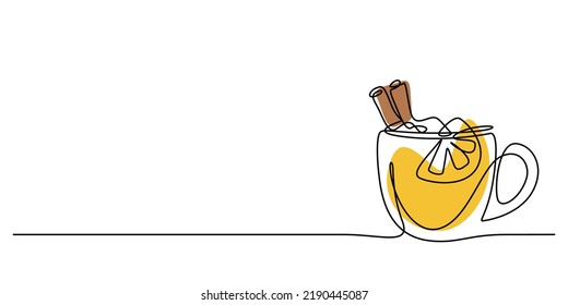 a cup of autumn hot drink with cinnamon in continuous line drawing vector illustration. minimalism style and copy space