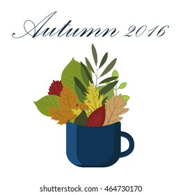 Cup with autumn leaves. Vector illustration. Autumn tea.