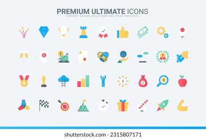 Cup award and medal trophy for best puzzle solution of winner, business chart growth and money bag, strategy and party celebration. Success thin trendy flat set vector illustration